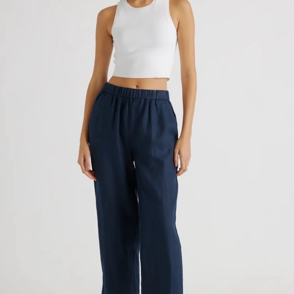 Quince Women's Wide Leg Navy Blue 100% Linen Pants